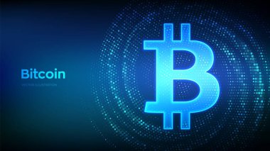 İkili koddan yapılmış Bitcoin simgesi. Engelleme teknolojisi. Bitcoin dijital şifreleme işareti. Soyut e-ticaret ve ödeme konsepti. Dijital kodlarla yapılmış sanal tünel sapması. Veri akışı. Vektör