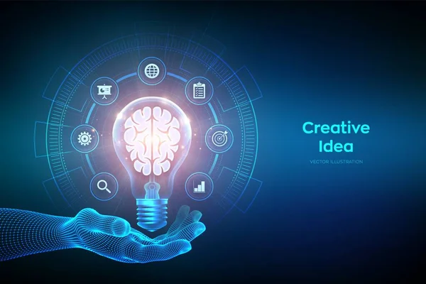 创意创意 人的大脑手里拿着灯泡商业想法 头脑风暴 创意思维 有大脑的灯泡创意 灵感科技的概念 矢量说明 — 图库矢量图片