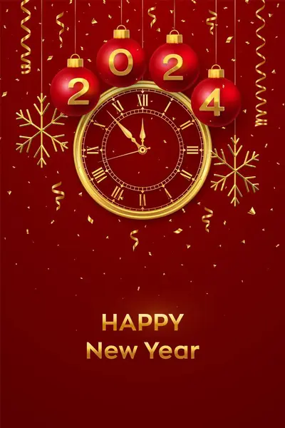 ハッピーニューイヤー2024 現実的な金3D番号2024および雪片が付いている赤いクリスマスの問題球を掛けること ローマ数字を見て 真夜中にカウントダウン 新年を祝う メリークリスマス ベクター — ストックベクタ