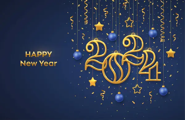 Šťastný Nový Rok2024 Visící Zlatá Kovová Čísla 2024 Zářícími Metalickými — Stockový vektor