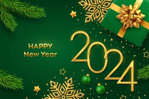 新的2024年快乐 金色金属编号2024 礼品盒 闪亮的雪花 球和绿色背景的圆饼 新年贺卡或横幅模板 — 图库矢量图片