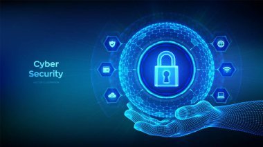 Siber güvenlik. Bilgi koruma ve güvenli konsept. Kablo çerçevesinde kilit simgesi olan altıgen yüzeyi olan üç boyutlu küre ya da küre. Siber güvenlik ya da ağ güvenliği. Vektör illüstrasyonu