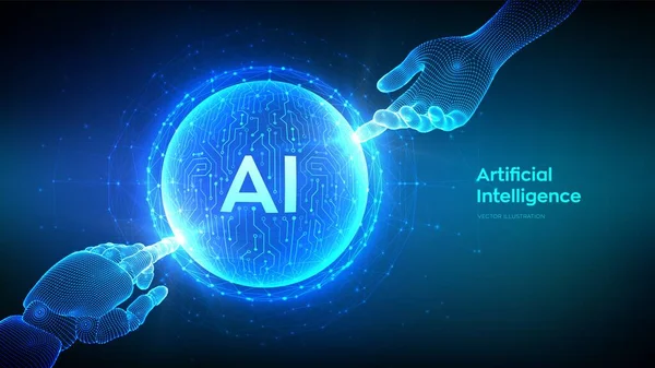 人工智能 机器人和人类的手接触球体与电路板模式 人工智能和机器学习技术的概念 神经网络 矢量说明 — 图库矢量图片