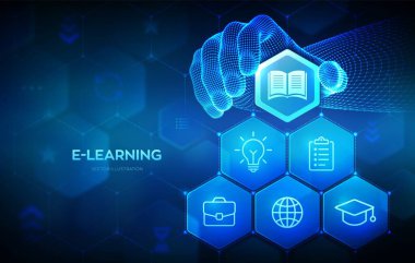 E-öğrenme. Yenilikçi online eğitim konsepti. Giyinme, öğretmenlik, online eğitim kursları. Yetenek geliştirme. Kablo çerçeveli el, öğrenmeyi görselleştiren bir kompozisyona bir element yerleştirir. Vektör