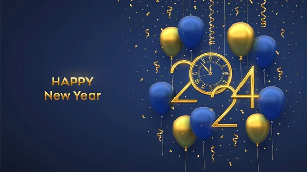 Feliz Año Nuevo 2024 Colgando Números Metálicos Dorados 2024 Mira — Archivo Imágenes Vectoriales