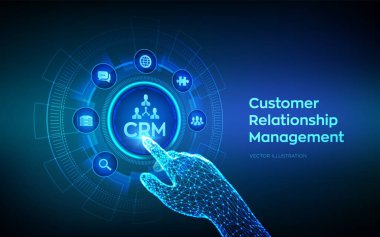 Crm. Müşteri İlişkileri Yönetimi. Müşteri hizmetleri ve ilişki. Enterprise İletişim ve Planlama konsepti sanal ekranda. Robot el dijital arayüze dokunuyor. Vektör illüstrasyonu