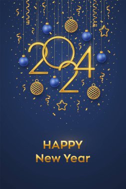 Mutlu yıllar 2024. 3D parlayan metalik yıldızlar, toplar ve konfetilerle birlikte 2024 numaralı Altın metalik numaralar asılıyor. Yeni yıl tebrik kartı, afiş şablonu. Gerçekçi Vektör illüstrasyonu