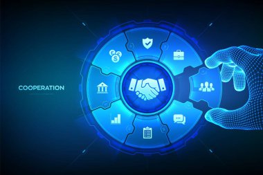 Ortaklık teknolojisi konsepti. İş ortaklığı. Küresel işbirliği ağı. İnternet iletişimi. Takım çalışması. Kablo çerçeveli el, işbirliğini görselleştiren bir bileşime bir element yerleştirir. Vektör