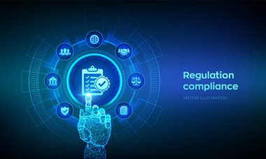 Regulation Compliance financial control internet technology concept on virtual screen. Reg Tech. Compliance rules Law regulation policy. Wireframe hand touching digital interface. Vector illustration clipart