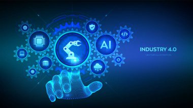 Smart Industry 4.0 konsepti. Fabrika otomasyonu. Özerk endüstriyel teknoloji. Sanayi devrimleri basamakları. Bağlı dişli dişliler ve simgelerle dijital arayüze dokunan tel çerçeveli el. Vektör