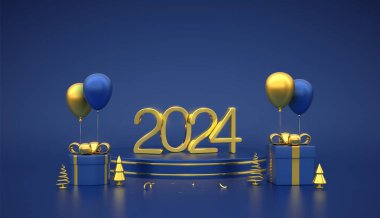 Mutlu yıllar 2024. 3D Altın Metalik Numara 2024 Mavi Sahne Podyumu. Sahne yuvarlak, hediye kutuları, altın metalik çam, ladin ağaçları ve şenlikli helyum balonları. Vektör illüstrasyonu