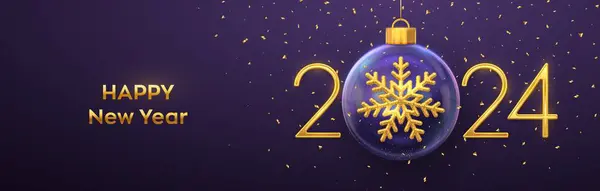 新年快乐2024 金色金属3D数字2024与金光闪闪的三维雪片在圣诞玻璃易碎 问候卡 圣诞节和新年海报 病媒图解 — 图库矢量图片