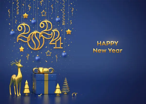 Šťastný Nový Rok2024 Visí Zlaté Kovové Čísla 2024 Hvězdami Vločka — Stockový vektor