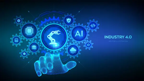 Smart Industry 4.0 konsepti. Fabrika otomasyonu. Özerk endüstriyel teknoloji. Sanayi devrimleri basamakları. Bağlı dişli dişliler ve simgelerle dijital arayüze dokunan tel çerçeveli el. Vektör