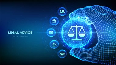 Çalışma hukuku, avukat, hukuk danışmanı çokgen şeklinde hukuki danışmanlık kavramı ve tel örgülü adalet sembolü. İnternet hukuku dijital online yasal hizmetler olarak. Vektör İllüstrasyonu