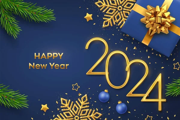 Mutlu yıllar 2024. Hediye kutusu, parlayan kar tanesi, çam dalları, yıldızlar, toplar ve mavi arka planda konfetileri olan 2024 numaralı altın metalik numara. Yeni yıl tebrik kartı ya da afiş şablonu. Vektör