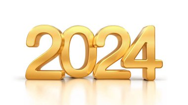 Mutlu yıllar 2024. Beyaz arka planda 2024 altın 3D numara izole edilmiş. Gerçekçi şenlikli metalik lüks altın sayılar. Mutlu Noeller ve mutlu yıllar tebrik kartı. Vektör illüstrasyonu