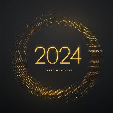 Mutlu yıllar 2024. Işıldayan arka planda 2024 numaralı altın metalik lüks. Tebrik kartı için gerçekçi bir işaret. Arkaplanda pırıltılar uçuşuyor. Bayram posteri ya da afişi. Vektör illüstrasyonu