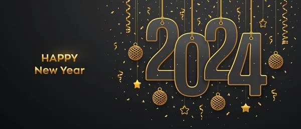 Mutlu yıllar 2024. 2024 numaralı altın iplere asılı, parlayan üç boyutlu metalik yıldızlar, toplar ve siyah arka planda konfetiler. Yeni yıl tebrik kartı, afiş şablonu. Gerçekçi Vektör illüstrasyonu