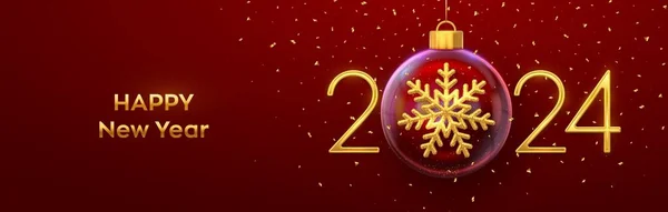 Šťastný Nový Rok2024 Zlatý Kov Čísla 2024 Zlatě Zářící Sněhová — Stockový vektor