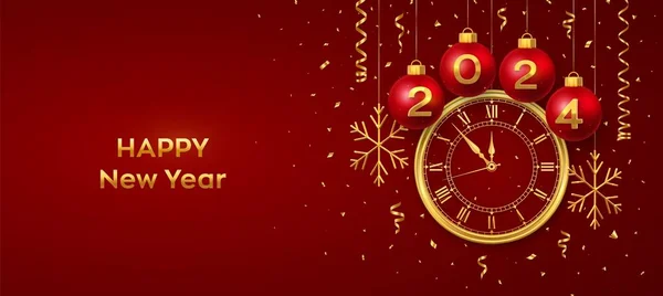 Feliz Ano Novo 2024 Pendurado Bolas Bugiganga Natal Vermelho Com — Vetor de Stock