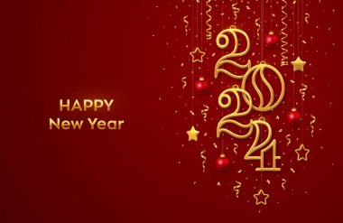 Mutlu yıllar 2024. Altın metalik numaralar 2024 'te asılıyor. Parlayan üç boyutlu metalik yıldızlar, toplar ve konfeti kırmızı arka planda. Yeni yıl tebrik kartı, afiş şablonu. Gerçekçi Vektör illüstrasyonu