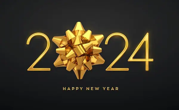 Mutlu yıllar 2024. 2024 numaralı altın metalik lüks. Tebrik kartı için gerçekçi bir işaret. Bayram afişi ya da bayram afişi tasarımı. Vektör illüstrasyonu