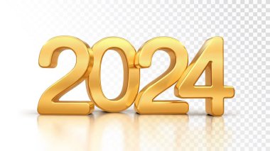 Mutlu yıllar 2024. Saydam arkaplanda 2024 altın 3D numara izole edilmiş. Gerçekçi şenlikli metalik lüks altın sayılar. Mutlu Noeller ve mutlu yıllar tebrik kartı. Vektör illüstrasyonu