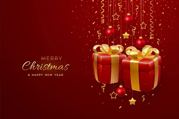 金の弓が付いている3Dギフト用の箱が付いているクリスマスの旗 赤い背景の金属の星および球を掛けること メリークリスマスグリーティングカード クリスマスと新年のポスター ベクターイラスト — ストックベクタ