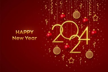 Mutlu yıllar 2024. Altın metalik numaralar 2024 'te asılıyor. Parlayan üç boyutlu metalik yıldızlar, toplar ve konfeti kırmızı arka planda. Yeni yıl tebrik kartı, afiş şablonu. Gerçekçi Vektör illüstrasyonu