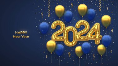 Mutlu yıllar 2024. Altın folyo balon numaraları ve mavi arka planda şişme tatil balonları. Yüksek detaylı üç boyutlu gerçekçi altın folyo helyum balonları. Noel tebrik kartı. Vektör illüstrasyonu