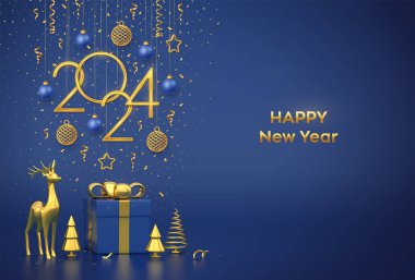 Mutlu yıllar 2024. Yıldızlar, toplar ve mavi arka planda kar taneleriyle birlikte 2024 numaralı altın metalik asılıydı. Hediye kutusu ve altın metalik çam veya köknar, koni şeklindeki ladin ağaçları. Vektör illüstrasyonu