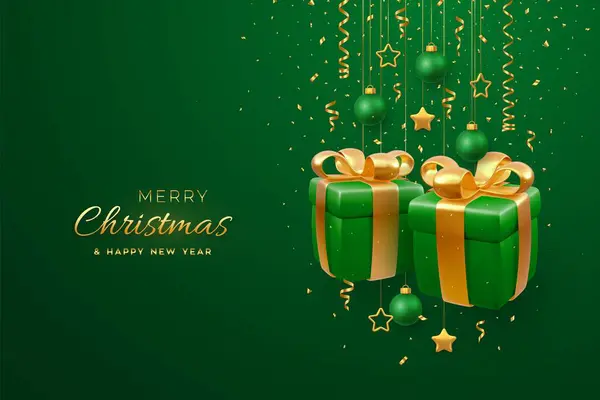 黄金の弓が付いている3Dギフト用の箱が付いているクリスマスの旗 緑の背景の金属の星そして球を掛けること メリークリスマスグリーティングカード クリスマスと新年のポスター ベクターイラスト — ストックベクタ