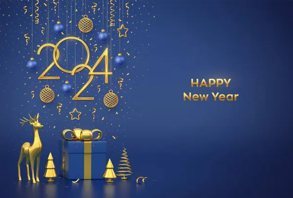 Mutlu yıllar 2024. Yıldızlar, toplar ve mavi arka planda kar taneleriyle birlikte 2024 numaralı altın metalik asılıydı. Hediye kutusu ve altın metalik çam veya köknar, koni şeklindeki ladin ağaçları. Vektör illüstrasyonu