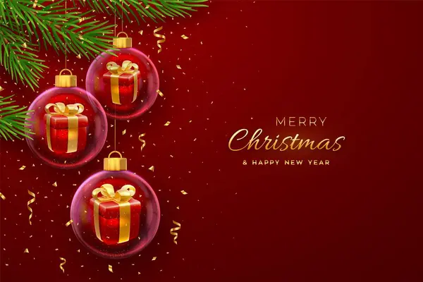 メリークリスマスグリーティングカードまたはバナー 中ギフト用の箱 赤い背景の松の枝 黄金のConettiとの透明なガラス球の問題を掛けること 新年のXmasデザイン ベクトルイラスト — ストックベクタ