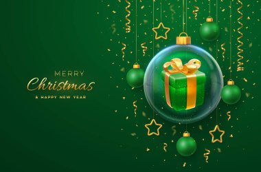 Merry christmas greeting card or banner. Hanging transparent glass balls baubles with gift boxes inside, pine branches on green background, golden confetti. New Year Xmas design. Vector illustration clipart