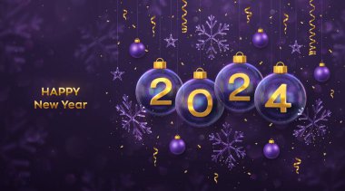 Mutlu yıllar 2024. Altın metal 3D numara 2024 şeffaf cam mücevher. Asılı Noel topları, buz taneleri, yıldızlar, konfeti. Tebrik kartı, poster, afiş, broşür. Vektör İllüstrasyonu