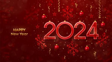 Mutlu yıllar 2024. 2024 numaralı pırıl pırıl kar taneleri, yıldızlar, toplar ve kırmızı arka planda konfeti asılı. Yeni yıl tebrik kartı, afiş, broşür, poster. Vektör illüstrasyonu