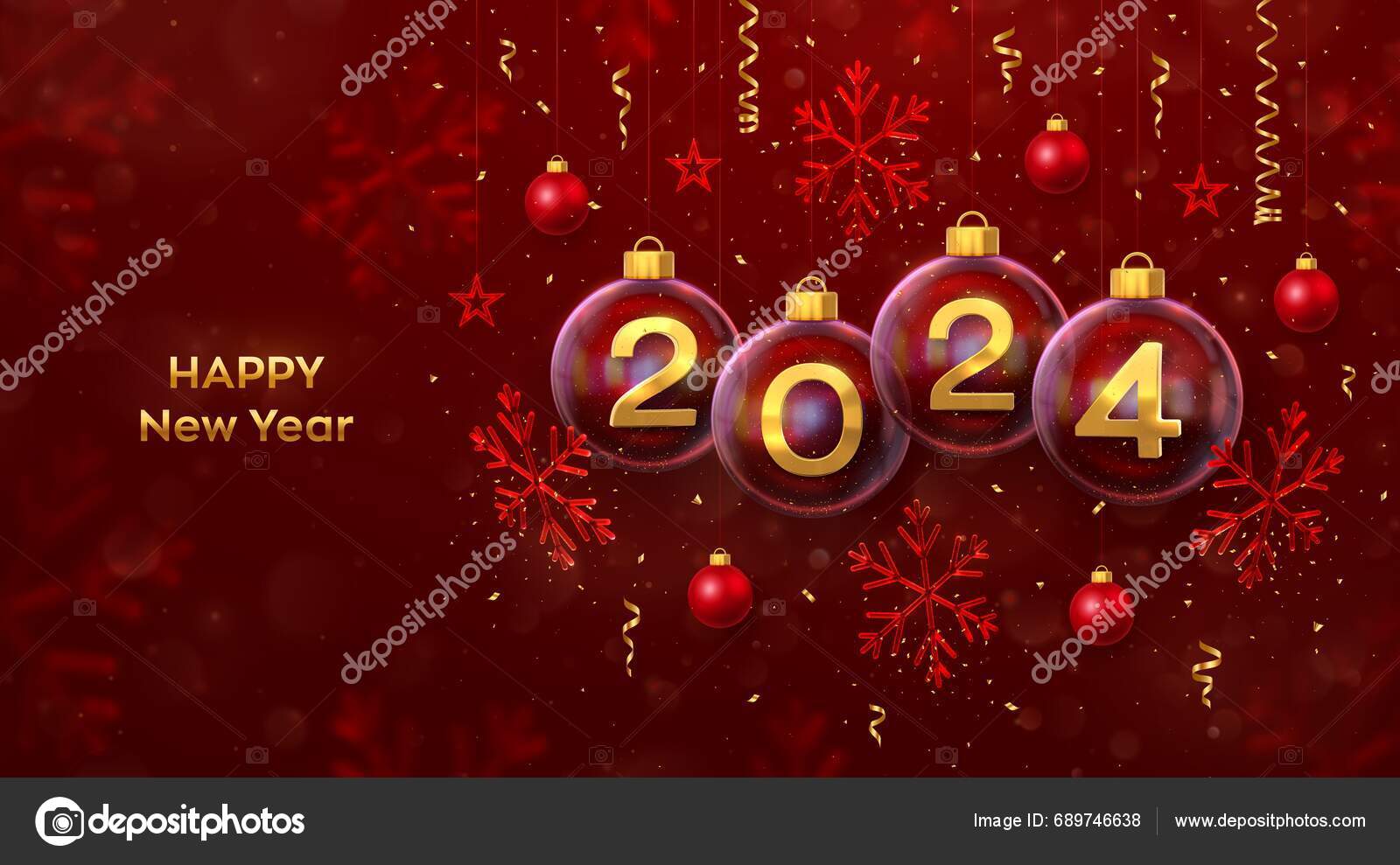 Happy New Year 2024 Golden Metal Numbers 2024 Transparent Glass Stock