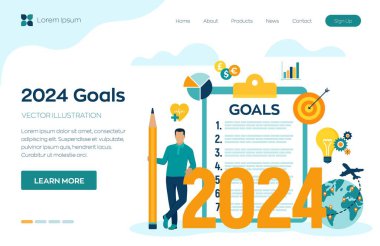 2024 Yeni Yıl Hedefleri Listesi. Gelecek Hedefleri ve Planları. 2024 yılının Yılbaşı Planlama Listesi iş motivasyonu, ilham konsepti. Karakter ve simgelerle vektör illüstrasyonu