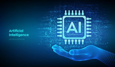 Al. Yapay zeka. Yapay zeka simgesi, kablolu elde ikili kod ile yapılır. İkili veri ve dijital kod arkaplanı. 1.0 basamaklı matris arkaplanı. Vektör illüstrasyonu