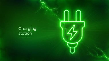 Elektrik enerjisi ışık efektli şarj istasyonu simgesi. Elektrik prizi sembolü. Şarj noktası istasyonu konsepti. Elektrik Tedarik İstasyonu. Elektriksel deşarj etkileri. Vektör illüstrasyonu