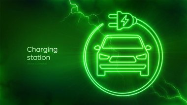 Elektrikli araçlar şarj noktası. Elektrik enerjisi parıltısıyla yükleme istasyonu simgesi. Elektrik Tedarik İstasyonu. Enerji Verimliliği. Alternatif yakıt. Elektrik boşaltımı efektleri. Vektör illüstrasyonu
