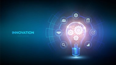 Yenilik. Ticari yenilikçi fikir ve çözüm teknolojisi kavramı. Yaratıcı fikir, ilham. Beyin fırtınası. Yaratıcılık. İçinde dişli dişliler olan ampul. Yaratıcı Düşünce. Vektör illüstrasyonu