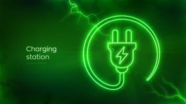 Elektrik enerjisi ışık efektli şarj istasyonu simgesi. Elektrik prizi sembolü. Şarj noktası istasyonu konsepti. Elektrik Tedarik İstasyonu. Elektriksel deşarj etkileri. Vektör illüstrasyonu