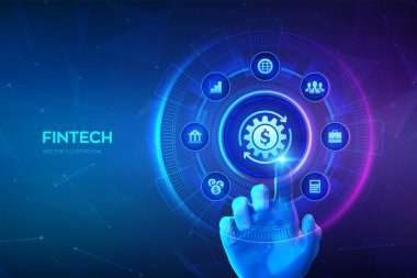 Fintech. Finansal teknoloji, online bankacılık ve kitle fonlama. İş yatırım bankacılığı ödeme teknolojisi kavramı sanal ekranda. Dijital arayüze elle dokunmak. Vektör illüstrasyonu