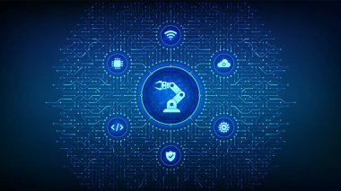 Smart Industry 4.0. Robot el. Fabrika otomasyonu. Özerk endüstriyel teknoloji. Sanayi devrimleri basamakları. Devre kartı bağlantıları ve endüstri simgeleri olan bir geçmiş. Vektör İllüstrasyonu