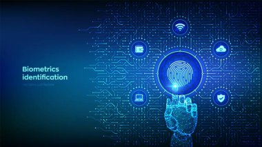 Parmak izi taraması. Biyometrik tanımlama. Kişisel veri koruması. Siber Güvenlik. Devre kartı bağlantıları ve teknik simgeleri olan bir geçmiş. Tel çerçeve tuşuna basıyor. Vektör