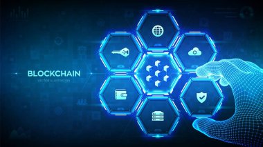 Engelleme teknolojisi. Merkezi olmayan ağ. Fintech kripto para birimi. Siber uzayda bilgi blokları. Tel çerçeveli el, bir elementi görselleştiren bir blok zincirine yerleştirir. Vektör