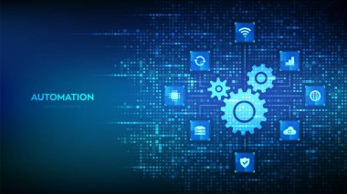 Otomasyon Yazılımı. İkili kodla yapılmış dişli simgesi. IOT ve Otomasyon simgeleri bağlantıları. Dijital ikili veri ve dijital kod yayını. 1.0 basamaklı matris arkaplanı. Vektör İllüstrasyonu